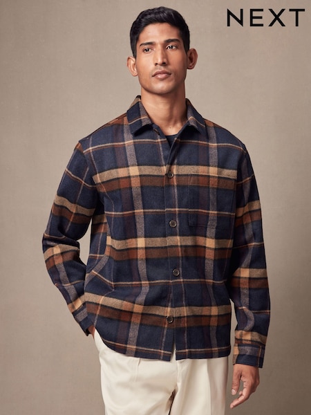 Темно-синий - Wool Blend Check Shacket Overshirt (N55704) | €10
