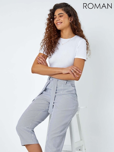Roman Blue Stripe Print Tie Waist Cropped Trousers (N55730) | €21
