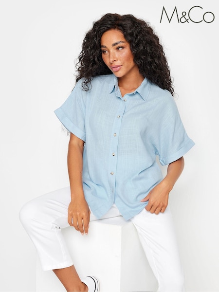 כחול  - M&Co Petite Short Sleeve Linen Button Shirt (N56050) | ‏136‏₪