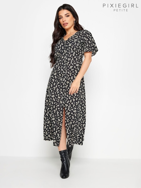PixieGirl Petite Black Ditsy Floral Print Button Front Midi Tea Dress (N56161) | €22