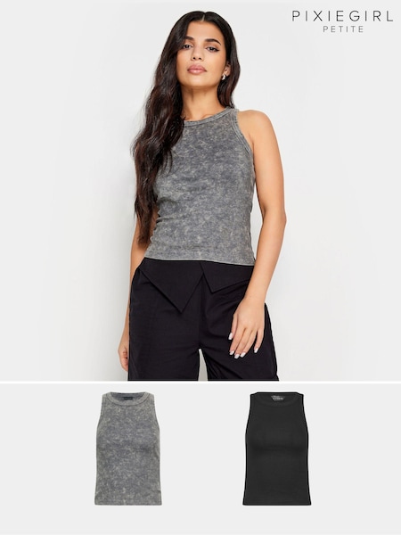 אפור - Pixiegirl Petite Acid Wash And Black Plain Vest Tops 2 Pack (N56193) | ‏126‏₪
