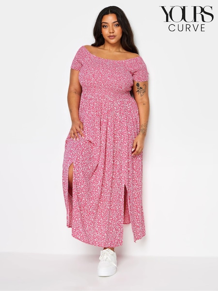 Yours Curve Pink Ditsy Floral Print Shirred Bardot Maxi Dress (N56200) | €23