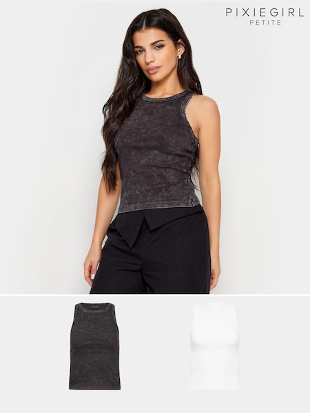 שחור/לבן - Pixiegirl Petite Acid Wash And Black Plain Vest Tops 2 Pack (N56204) | ‏126‏₪