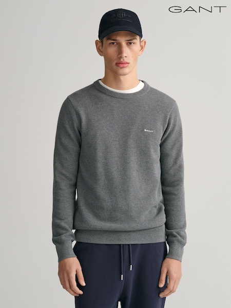 GANT Dark Grey Melange 100% Cotton Pique Crew Neck Jumper (N56259) | €69