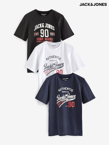 JACK & JONES Blue 3 Pack Short Sleeve Printed T-Shirts (N56314) | ₪176
