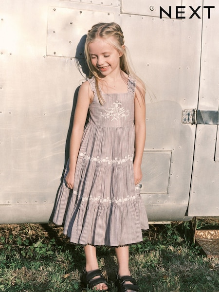 Charcoal Grey Stripe Embroidered Maxi Dress (3-16yrs) (N56336) | €16 - €20