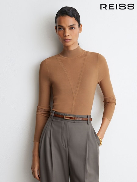 Camel - Reiss Selene Sheer-detail Long-sleeve Knitted Top