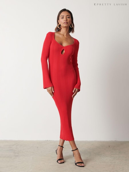 Pretty Lavish Red Lana Sweetheart Neck Knitted Jumper Dress (N56519) | €41.50