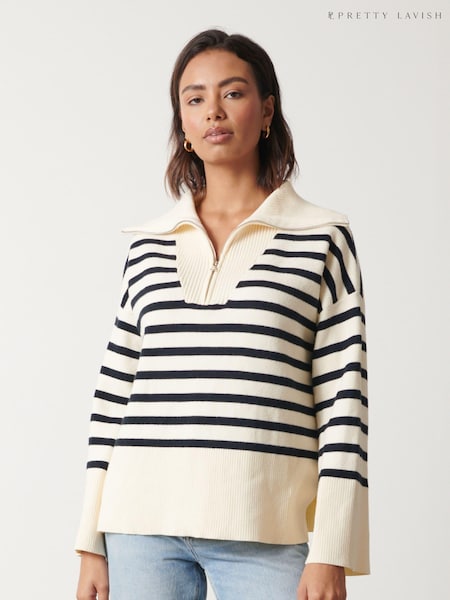 Pretty Lavish Cream Stripe Jayden Funnel Neck Zip Jumper (N56520) | €27