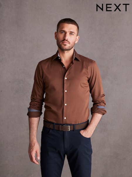 Rust Brown Slim Fit Single Cuff Signature Trimmed Shirt (N56794) | €17.50