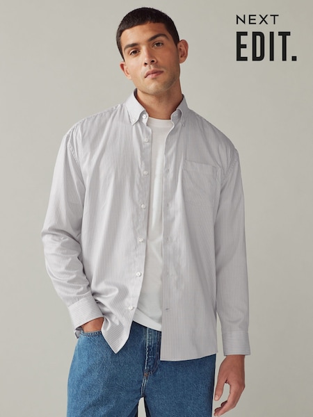 Grey EDIT Relaxed Fit 100% Cotton Single Cuff Striped Oxford Shirt (N56817) | €16