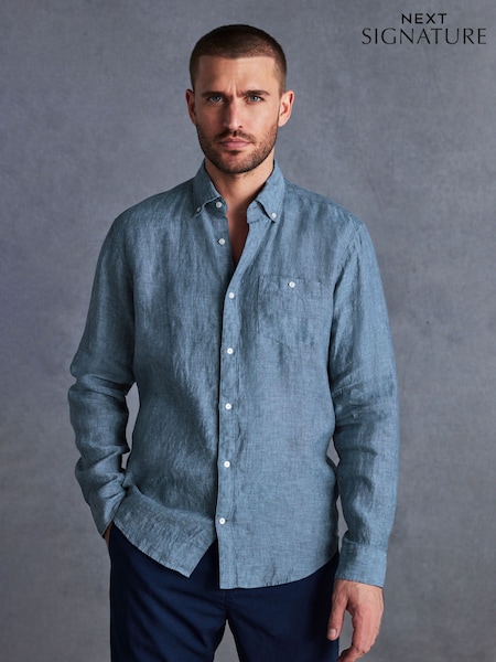 Bleumarin albastru - Măsură regular - Signature Baird McNutt Irish 100% Lenjerie de pat Trimmed Oxford Cămăși (N56821) | 212 LEI