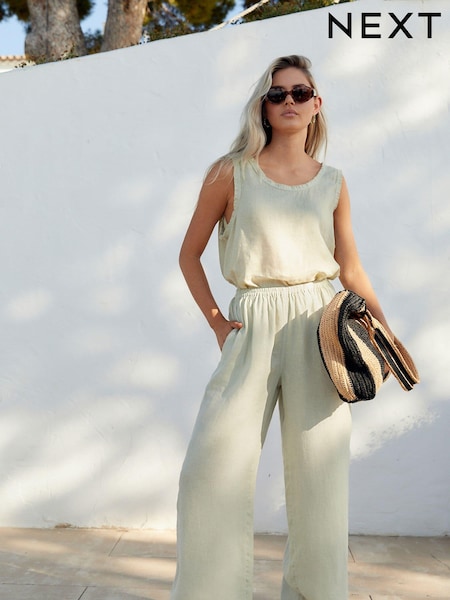 Sage Green Premium 100% Linen Wide Leg Trousers (N56836) | €22
