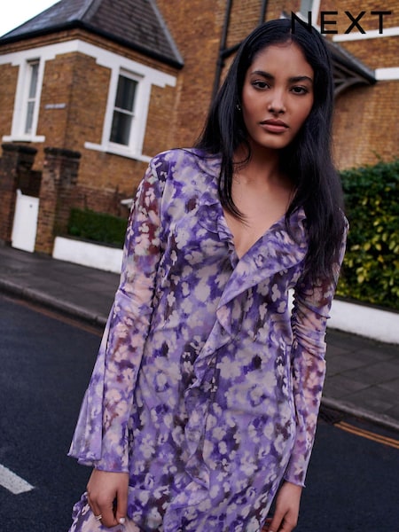 Lilac Purple Long Sleeve Mesh Ruffle Maxi Dress (N57041) | €7