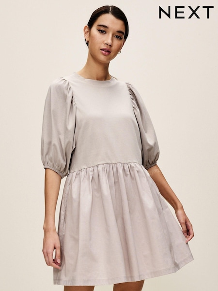 Серый - 100% Cotton Puff Sleeve Mini Jersey Dress (N57042) | €8