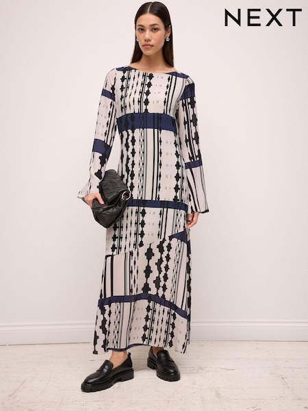 Темно-синий и белый с геометрическим принтом - Long Sleeve Column Maxi Dress (N57048) | €28