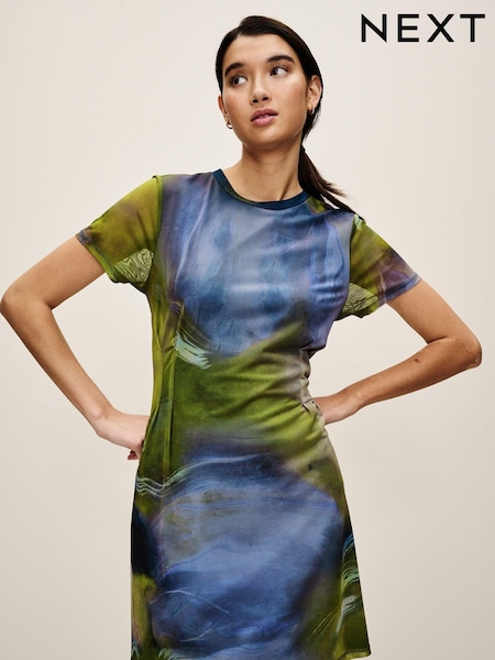 Blue/Green Blur Print Mesh Corset Detail Mini Dress (N57051) | €12