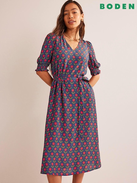 Boden Blue Smock Cuff Crepe Midaxi Dress (N57227) | €61