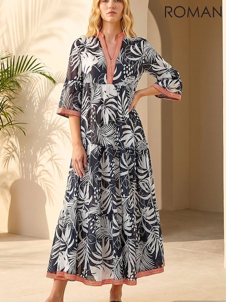 Black - Roman Leaf Border Print Maxi Dress