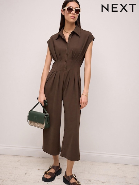 Chocolate Brown Corset Detail Short Sleeve Jumpsuit (N57394) | €11