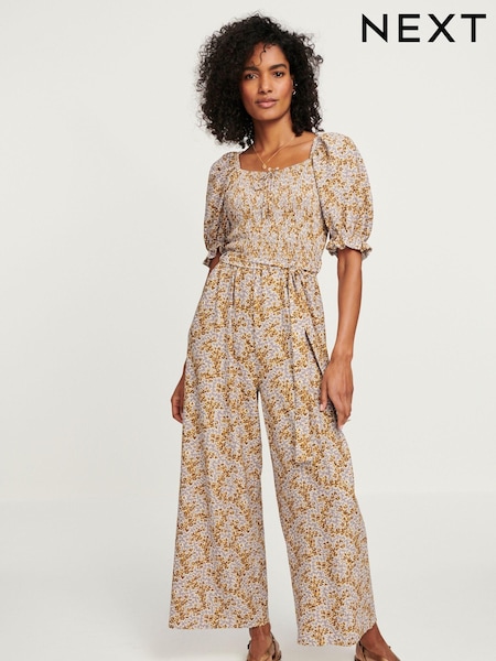 Flieder/Violett mit Blümchenmuster - Short Sleeve Tie Front Jumpsuit (N57395) | 10 €