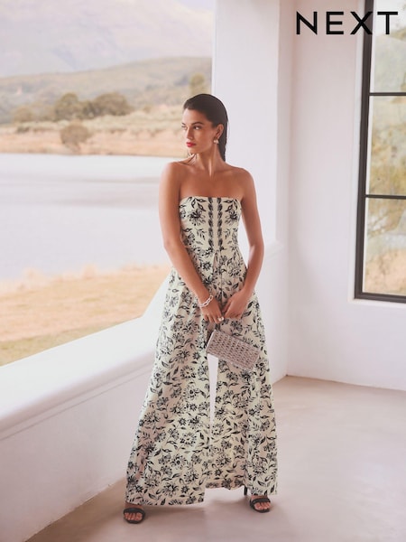 White/Black Floral Pleated Wide Leg Bandeau Jumpsuit (N57397) | OMR7