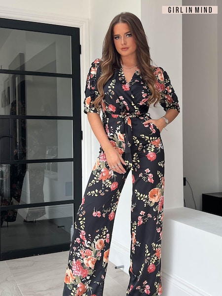 Black Floral - Girl In Mind Fizz Puff Sleeve Wide Leg Jumpsuit (N57414) | 161 LEI
