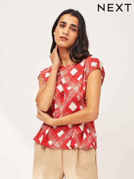 Ladder Trim Red Print Short Sleeve Woven Mix T-Shirt (N57464) | €6