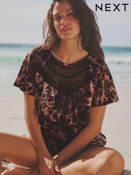 Pink Animal Short Sleeve Crochet Bubblehem Printed Top (N57470) | €8