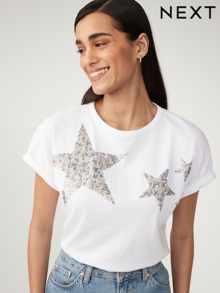 Valkoinen - 100% Cotton Sparkle Paljetti Star T-paita (N57471) | €31