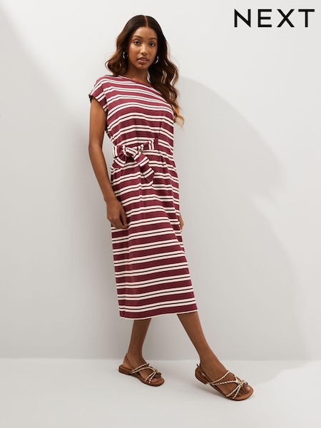 Chocolate Brown Stripe 100% Cotton Short Sleeve Tie Side Summer Dress (N57579) | €15