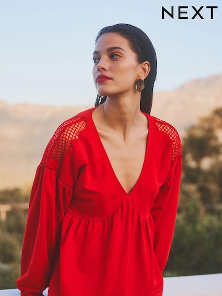Red Long Sleeve V-Neck Crochet Cutwork Blouse (N57609) | €11