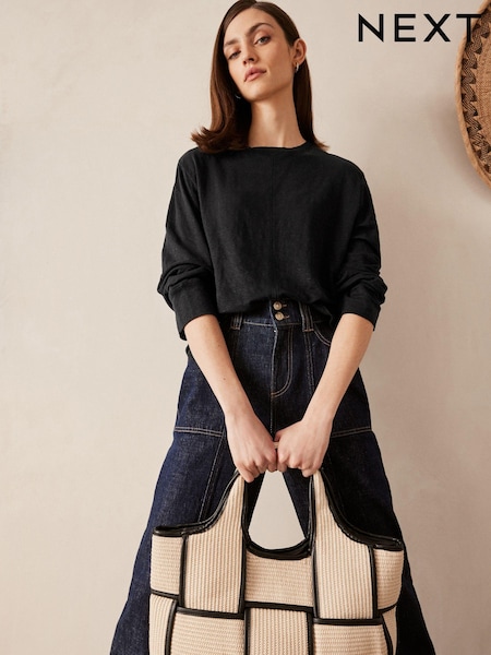 Black 100% Linen Long Sleeve Crew Top (N57624) | €10