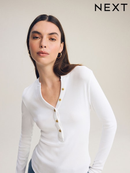 أبيض - Ribbed Button Detail Long Sleeve Henley Top (N57633) | ‏84 د.إ.‏