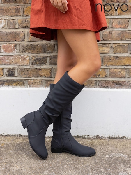 Novo Black Wide Fit Josslyn Ruched Knee High Flat Boots (N57644) | 257 QAR