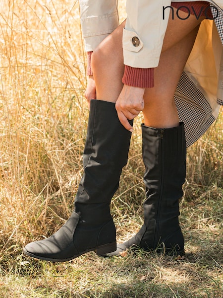 Novo Black Standard Fit Josslyn Ruched Knee High Flat Boots (N57646) | R$ 485