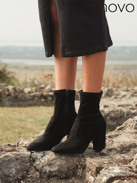 Novo Black Kellan Block Heel Sock Ankle Boots (N57651) | €18.50