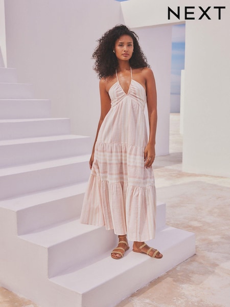 Pink Stripe Halter Tiered Maxi Summer Dress (N57680) | €19