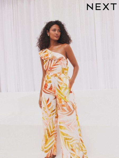 White/Pink Floral One Shoulder Ruffle Jumpsuit (N57681) | €33.50