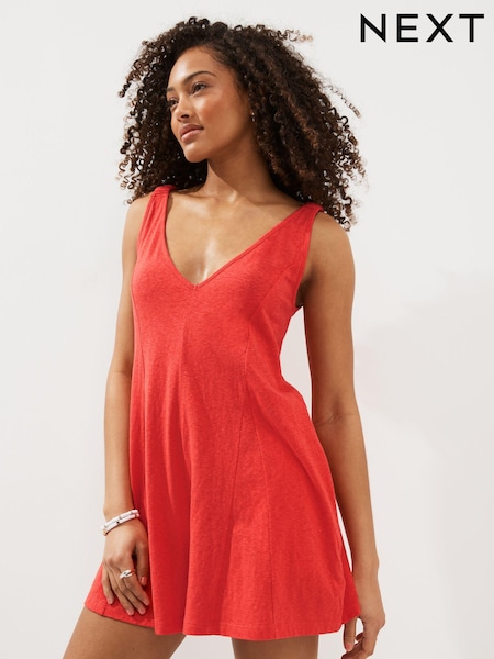 Red V-Neck Jersey Romper 100% Cotton Rich Playsuit (N57706) | AED48