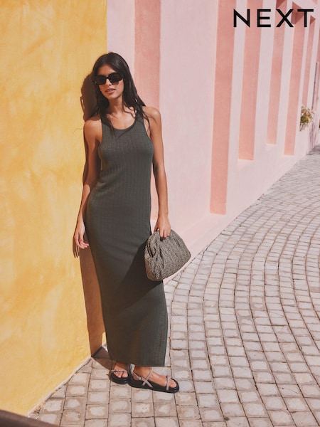 Khaki Green Jersey Ribbed Bodycon Summer Dress (N57709) | €11