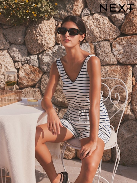 Creme/Marineblau gestreift - Jersey V-Neck Playsuit (N57710) | 9 €