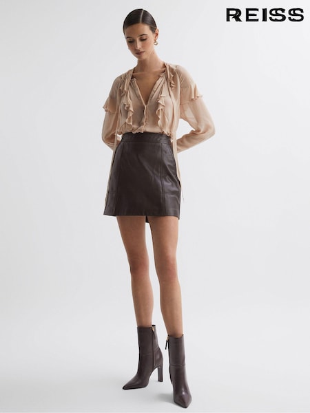 Reiss Chocolate Edie Leather High Rise Mini Skirt (N57726) | €140