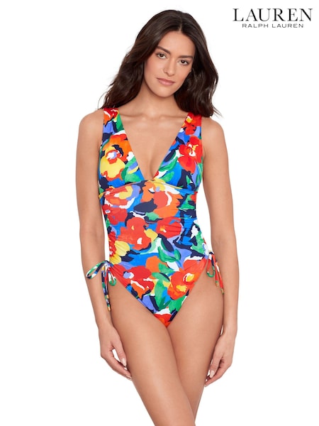 Lauren Ralph Lauren Blue Bold Abstract Floral Shirred Plunge Swimsuit (N57760) | 152 €