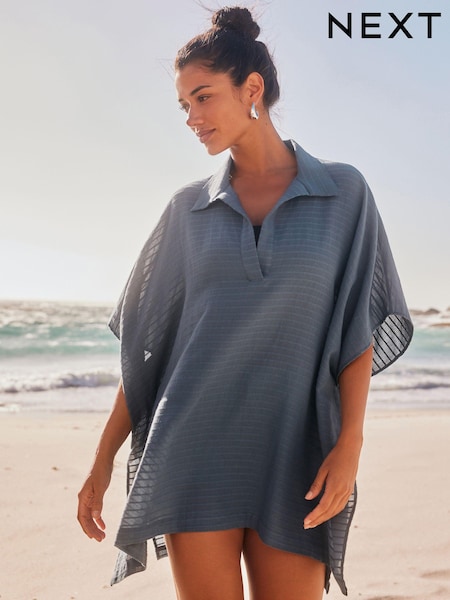 Blau mit Struktur - Longline Overhead Shirt Cover-Up (N57775) | 21 €