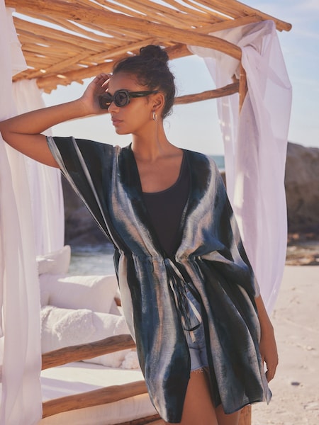 Navy Tie Dye Print Longline Tie Waist Kimono Cover-Up (N57777) | €19.50