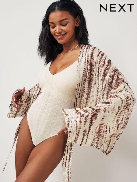 Rust Brown/Gold Tie Front Kimono Cover-Up (N57778) | €13