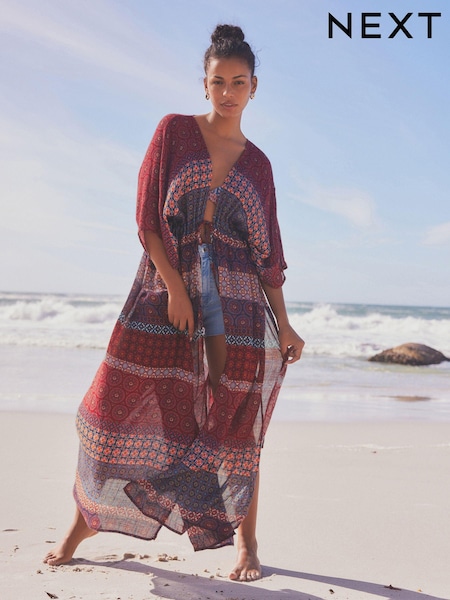 Berry Red/Navy Geo Maxi Tie Waist Kimono Cover-Up (N57781) | €20