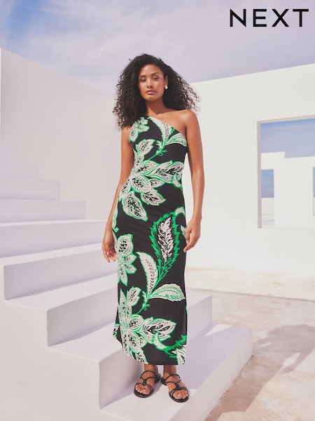 Black/Green Floral Print One Shoulder Jersey Midi Summer Dress (N57924) | €10