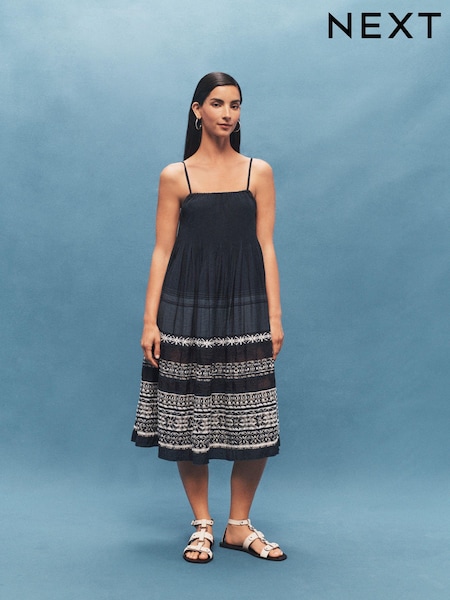 Navy Embroidered Tiered Summer Midi Dress (N57934) | €15